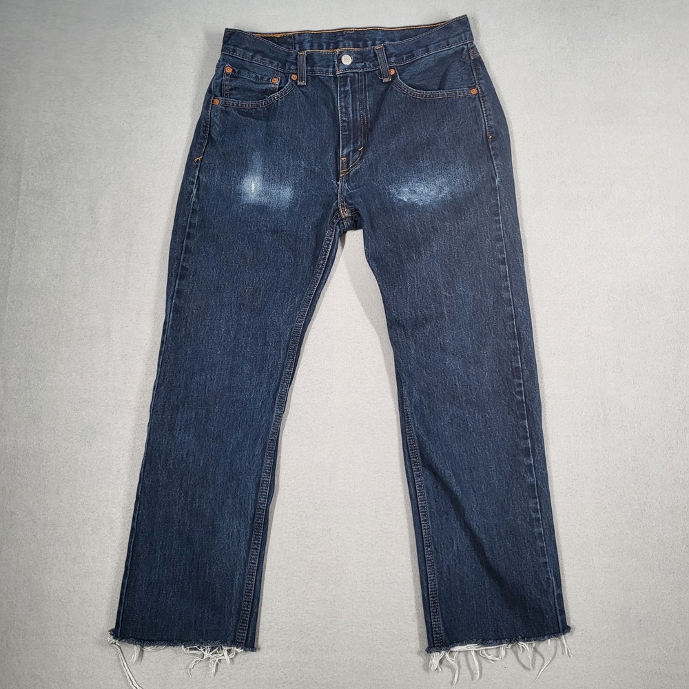 Levi's 505 Jeans 32x32 Blue Cotton Denim Regular Fit Dark Wash Frayed Hem‎